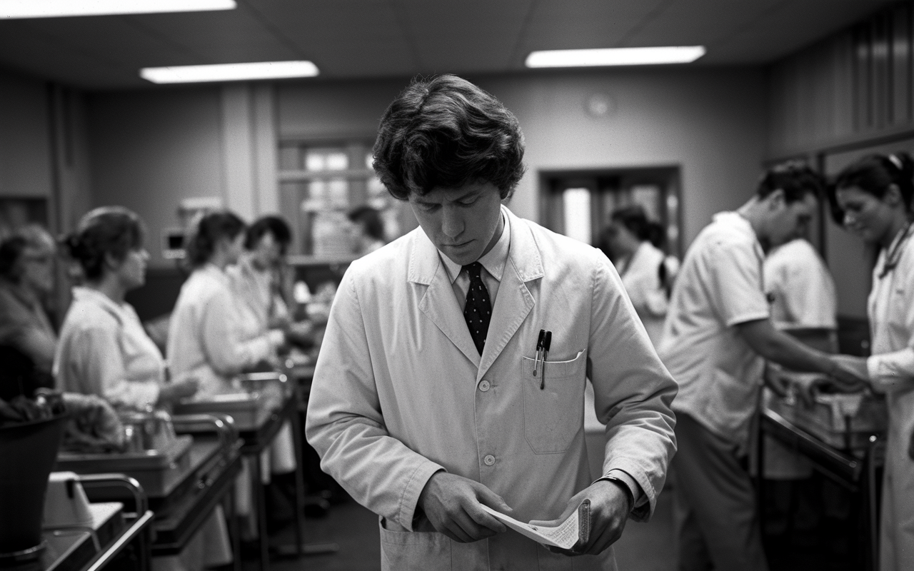 A somber, archival black and white photograph depicting a busy hospital scene from the 1980s, including an overworked medical resident, patients, and medical staff. The focus should be on the weary expressions of the residents, conveying exhaustion and the toll of long hours, set against dated hospital furnishings and equipment. Light should be dim, evoking a sense of urgency and the need for reform in medical practices.