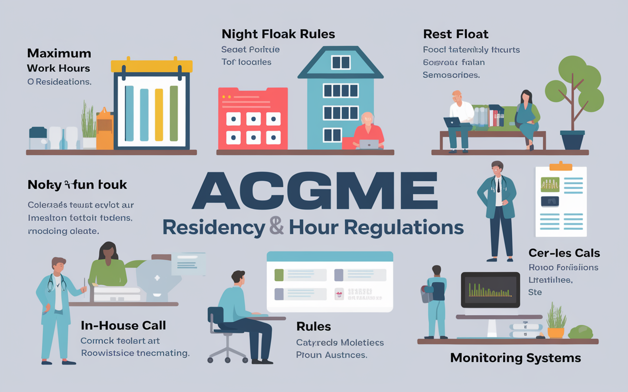 An infographic-style illustration showcasing the key points of ACGME residency work hour regulations. The visuals should include simple icons representing maximum work hours, night float rules, rest provisions, in-house call guidelines, and monitoring systems. Use vibrant colors and clear labels to make the information engaging and accessible, set against a clean, professional background.