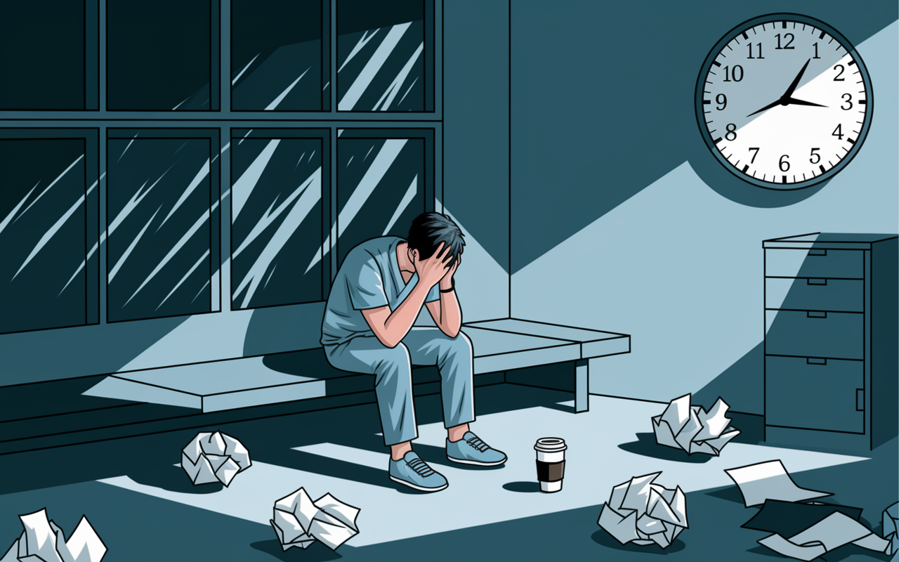 A poignant illustration depicting a medical resident sitting alone in a quiet break room, head in hands, surrounded by crumpled papers and an empty coffee cup. The room is dimly lit, filled with shadows to reflect fatigue and stress. A nearby clock showing late hours contributes to the atmosphere of overwhelming pressure, capturing the emotional toll of long residency hours.