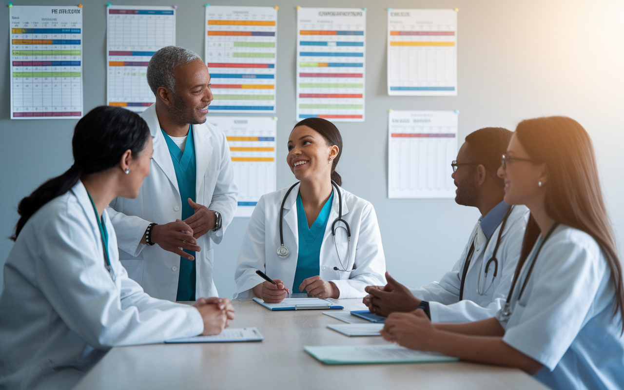 A bright, collaborative scene showing a group of medical residents engaged in an open discussion in a conference room. Charts and schedules are pinned on the wall behind them, highlighting their planning and communication efforts. The lighting is warm and inviting, symbolizing teamwork and support within the residency program.