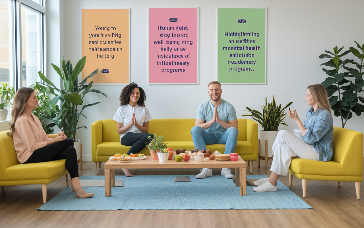 A bright, welcoming atmosphere in a residency lounge where residents are enjoying a wellness day. Activities like yoga, cooking healthy snacks, and relaxation exercises are happening. The room is filled with plants and uplifting posters promoting well-being, highlighting the importance of mental health initiatives in residency programs.