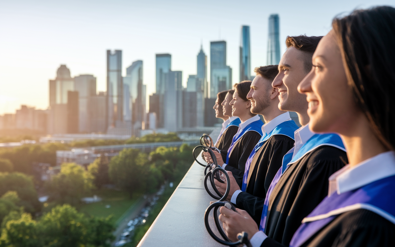 A hopeful scene depicting a group of medical residents looking out over a vibrant cityscape at sunrise, symbolizing new beginnings and opportunities. The foreground features the residents in academic gowns holding stethoscopes, their faces illuminated by the soft morning light, conveying optimism and commitment to excellent patient care in their future medical practice.