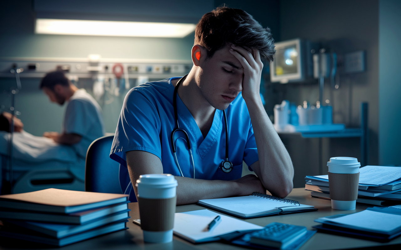 A close-up of a young medical resident in scrubs, looking fatigued and overwhelmed, sitting at a cluttered desk with medical textbooks and coffee cups scattered around. The resident's expression reveals emotional exhaustion and stress. In the background, a softly illuminated hospital room suggests ongoing patient care, with medical equipment and charts visible. The lighting creates a moody atmosphere, capturing the weight of long hours and burnout.