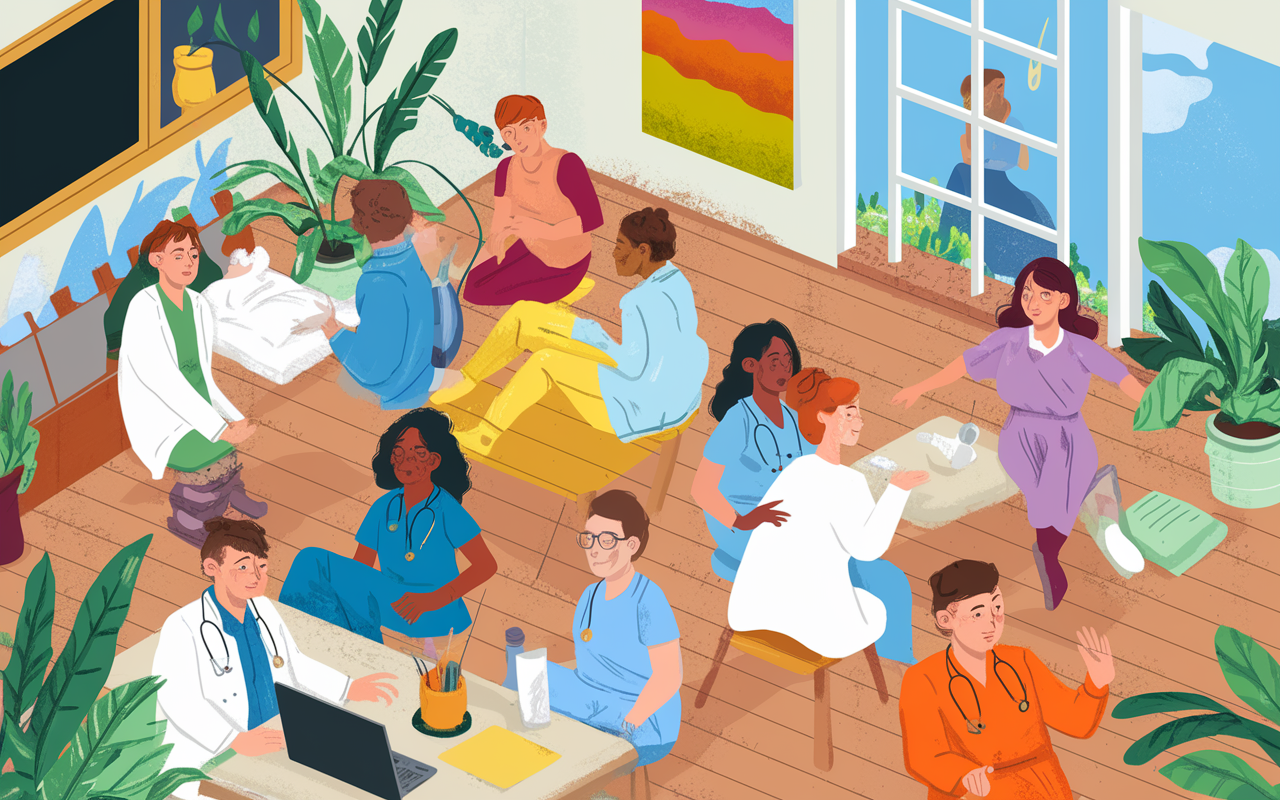 A conceptual scene depicting a bright, collaborative hospital environment where residents are happily engaged in patient care. The focus is on teamwork, with residents attending to patients while also taking breaks to engage in wellness activities such as yoga and group discussions in a serene area. Colorful artwork and plants decorate the walls, suggesting a commitment to mental health and a positive work environment. The image embodies a vibrant, revitalized approach to residency.