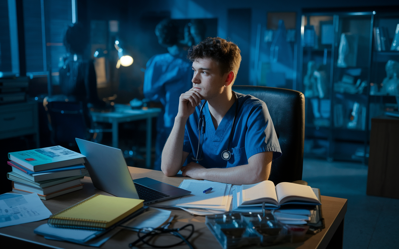 A thoughtful medical resident sitting at a desk cluttered with medical textbooks and notes, looking contemplative. The young physician, dressed in scrubs, has a laptop open and is staring thoughtfully, surrounded by dim lighting that casts shadows in the background. The room is filled with medical artifacts, and the atmosphere conveys a blend of stress and ambition. The scene represents highlights of a vital discussion about residency work hours, focusing on both the challenges and the learning experiences.