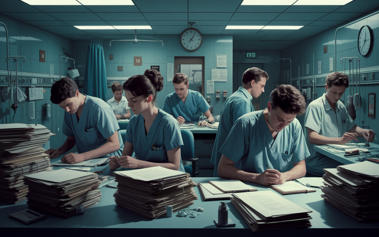 A vintage hospital scene showing overwhelmed medical residents working at various stations, with a clock showing late hours. The image captures a sense of exhaustion with disheveled scrubs and tired expressions on the residents’ faces. Stacked medical folders and patient charts litter their workspace. The lighting is dim with shadows that illustrate a stressful and demanding atmosphere. Elements like old medical equipment and outdated hospital decor add historical context to the struggles faced by residents before work hour regulations were put in place.