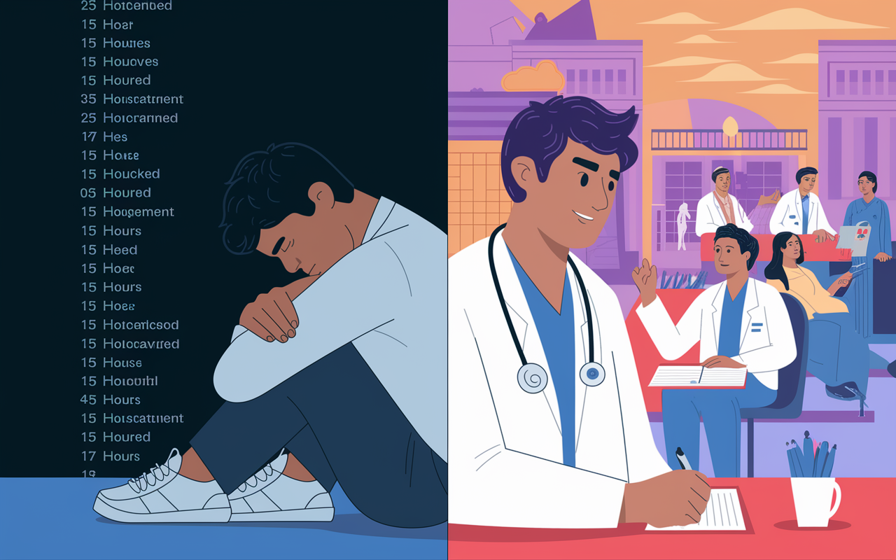 A split-screen illustration showing two contrasting scenarios: on one side, a resident hunched over, tired, staring at a long list of hours worked; on the other side, the same resident animatedly discussing a patient case with their mentor, showcasing engagement. The left side is dimly lit to illustrate fatigue while the right side is well-lit, radiating enthusiasm and focus. The background of the right side showcases a vibrant hospital with patients being actively cared for, symbolizing the difference between merely counting hours and assessing the true quality of residency training.