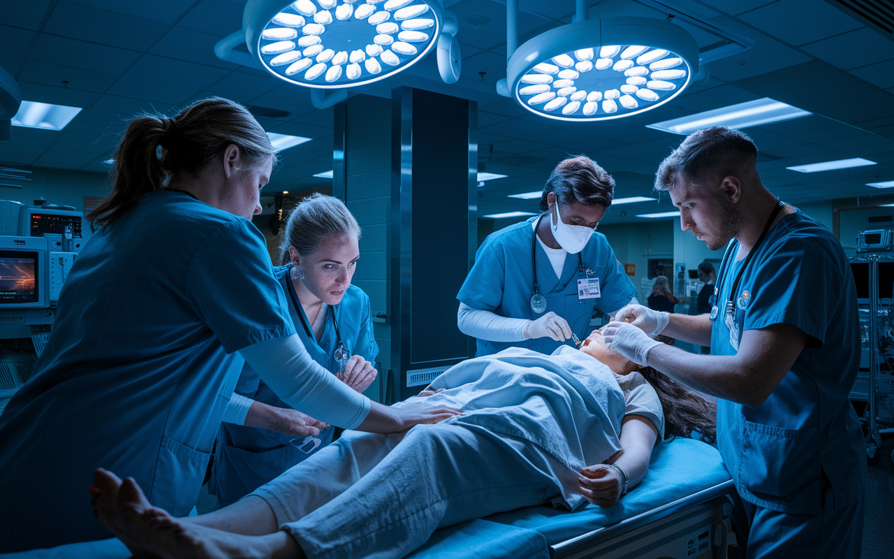 An intense night scene inside a hospital emergency room where residents are facing real-time challenges: one resident is comforting a patient while another performs a procedure. The lighting is dramatic, casting bright lights on the critical tasks as night shadows loom in the corners, highlighting the urgency of the situation. The emotional intensity is palpable, showcasing the residents’ focus and determination. The background features medical equipment and bustling environments that add to the energy of a night shift.