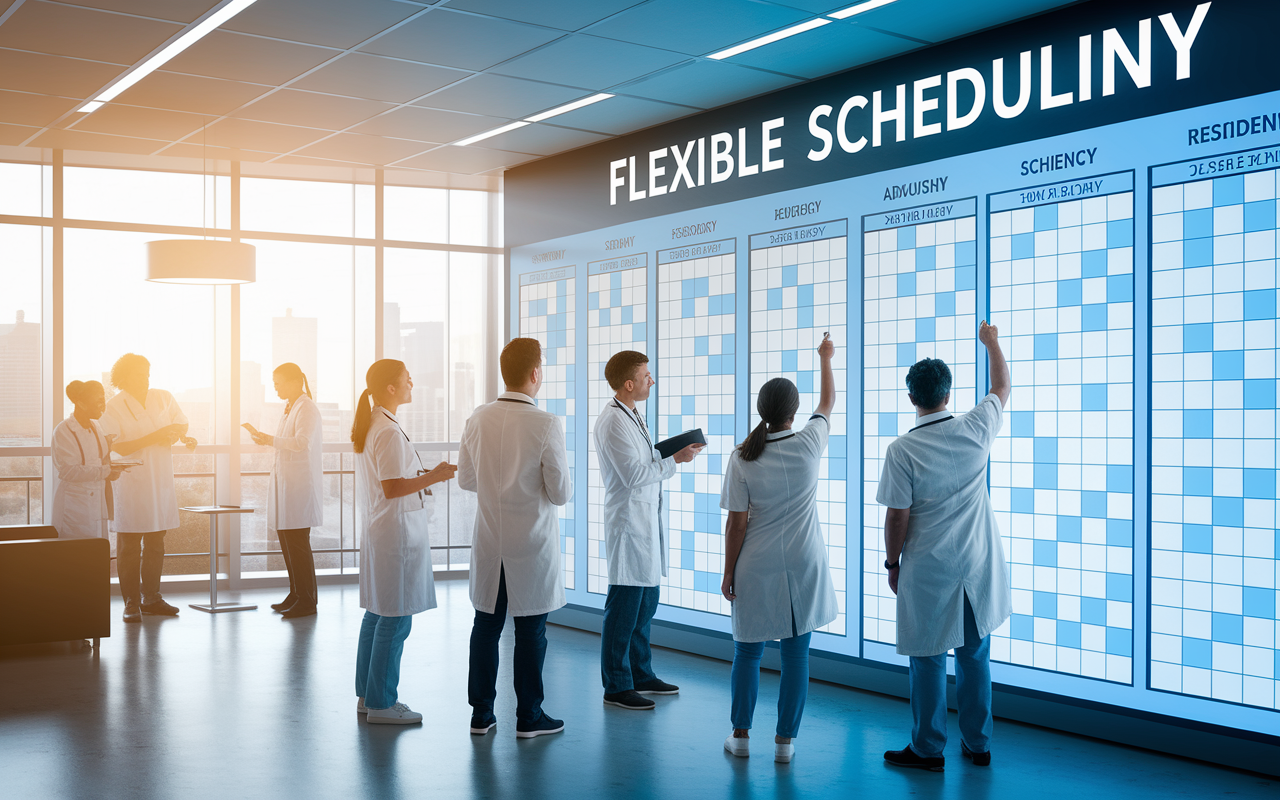 A modern hospital setting with a large digital scheduling board displaying flexible residency shifts. Residents stand around it, engaging in discussions about their schedules. Some residents point at the screen, indicating adjustments while others are jotting down suggestions. The atmosphere is collaborative and innovative, with natural light streaming in from large windows, symbolizing a healthier work environment. The image encapsulates teamwork and dynamic scheduling that enhances work-life balance.