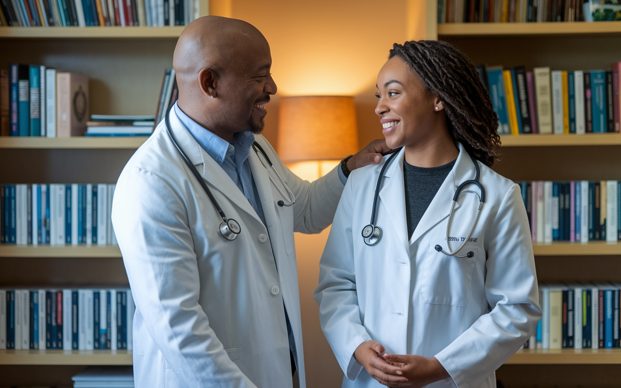 An inspiring scene depicting a mentor and a resident engaged in a constructive conversation in a calm, welcoming office. Bookshelves filled with medical literature surround them, and they share a warm smile, embodying the essence of guidance and support. The lighting is warm and inviting, emphasizing a safe and open dialogue about the challenges of residency. Supportive gestures, like the mentor's hand on the resident's shoulder, signify the importance of mentorship in enhancing personal and professional development.