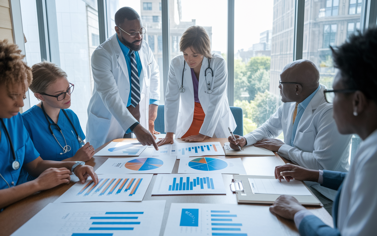 A well-decorated conference room where hospital educators are discussing innovative practices for residency training around a table covered with reports and diagrams. One figure points to a chart showcasing reduced night shift lengths while another takes notes. The room is filled with charts illustrating patient safety improvements and resident well-being metrics. Perspectives from faculty and administrators demonstrate a collective effort in enhancing residency programs through fresh and adaptive methods.