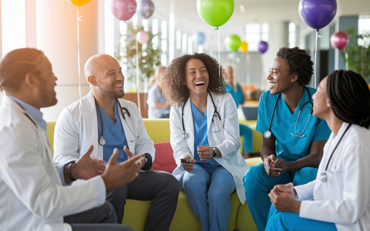 A hopeful scene capturing a group of diverse medical residents celebrating a successful training session in a bright, modern lounge area. Laughter and smiles fill the room as they share experiences, emphasizing the positive shift toward quality over quantity in residency training. The ambiance is filled with bright colors and sunlight, symbolizing a healthier future for residents. Elements like congratulatory balloons and health-promoting materials in the background reinforce the new culture of wellness and balance.