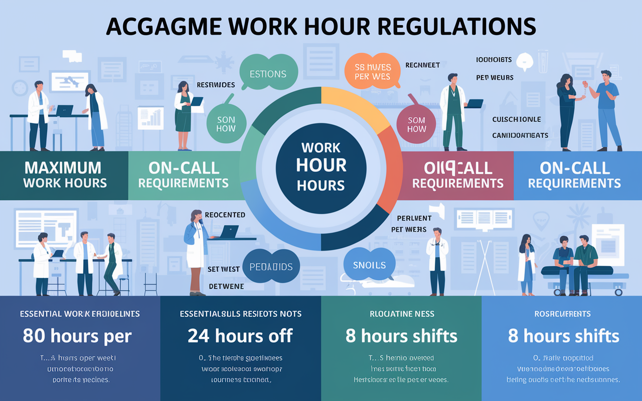 A visually appealing infographic illustrating the key ACGME work hour regulations. The design includes colorful icons representing maximum work hours, on-call requirements, and rest periods. Each section is clearly marked with concise text, showing the essential guidelines residents must follow, such as '80 hours per week', '24 hours off', and '8 hours between shifts'. The background features a subtle hospital theme, enhancing the educational aspect of the infographic.