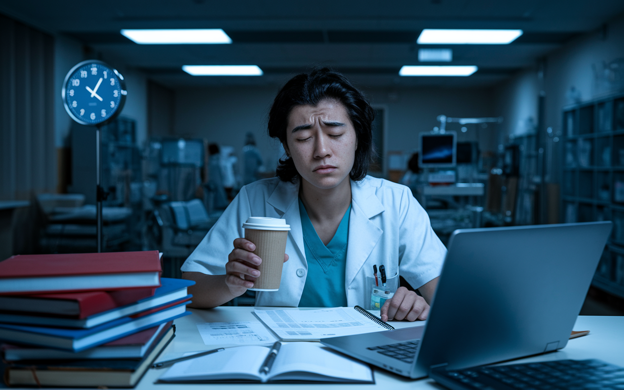 A young medical resident with dark circles under their eyes, sitting at a cluttered desk in a hospital, surrounded by medical books and notes. The lighting is dim, reflecting late-night hours. The resident looks exhausted yet focused, holding a coffee cup while glancing at a laptop screen filled with patient records. A clock on the wall shows the late hour, emphasizing the impact of long work hours on resident health and well-being.