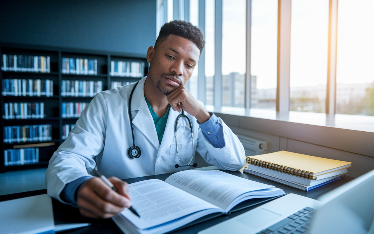 A pensive medical resident sitting in a modern hospital library, studying a comprehensive manual on residency policies. The desk is cluttered with notebooks and a laptop, and a window shows bright daylight outside, symbolizing clarity and insight. The resident's expression reflects determination, embodying the aspiration for compliance and improvement in work conditions.