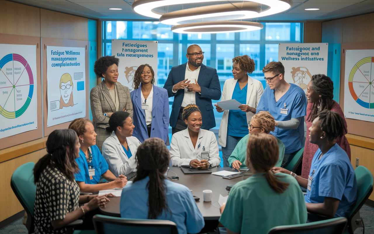 An energetic meeting of a resident advocacy group in a hospital conference room. Diverse residents are gathered around, discussing strategies for promoting well-being and compliance in a collaborative environment. Charts and posters about fatigue management and wellness initiatives are displayed around the room. The lighting is warm and inviting, fostering a sense of community and activism.