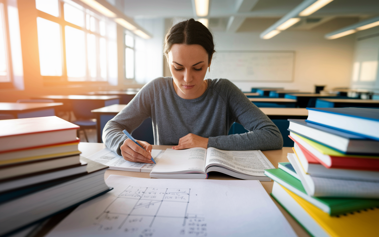 A focused woman in her late twenties, sitting at a desk piled with textbooks in a bright, modern classroom filled with windows and natural light. She is immersed in studying biology, highlighting notes, and solving physics equations on a whiteboard. Close-up details show Jessica's determined expression and the diverse array of books and notes around her, representing her academic journey. The warm sunlight creates a learning atmosphere, emphasizing her commitment to pursuing medicine.