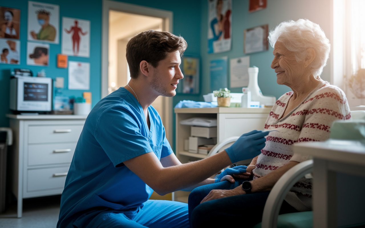 A compassionate young man in scrubs, kneeling beside an elderly patient at a clinic, checking their vital signs with a concerned yet reassuring expression. The colorful clinic room is filled with medical equipment and posters promoting health. Soft, diffused light enters from a nearby window, creating a warm, caring atmosphere. This moment captures the essence of Mark's dedication to patient care, symbolizing his transition from research to clinical practice.