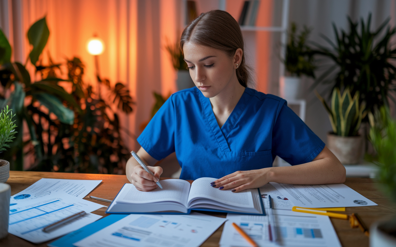 A determined young woman in nursing scrubs, reviewing a medical textbook in a cozy study filled with plants and soft ambient lighting. Papers are scattered around with notes, diagrams, and MCAT prep materials, illustrating her dedication. Emily's thoughtful gaze reveals her commitment to transitioning from nursing to medical school, symbolizing her aspiration to deepen her impact in healthcare. The warm colors and gentle lighting enhance her studious atmosphere.