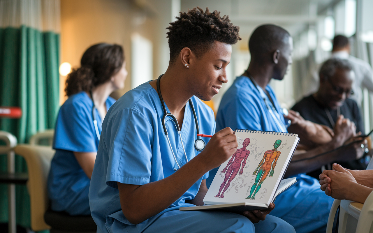 A passionate young man in a hospital setting, sketching while observing diverse patients receiving care. He holds a sketchbook adorned with colorful illustrations of human anatomy and healing imagery. The environment is empathetic, with soft, ambient lighting creating a thoughtful mood. This scene captures David's unique perspective on merging art and medicine, embodying creativity and compassion in patient care.