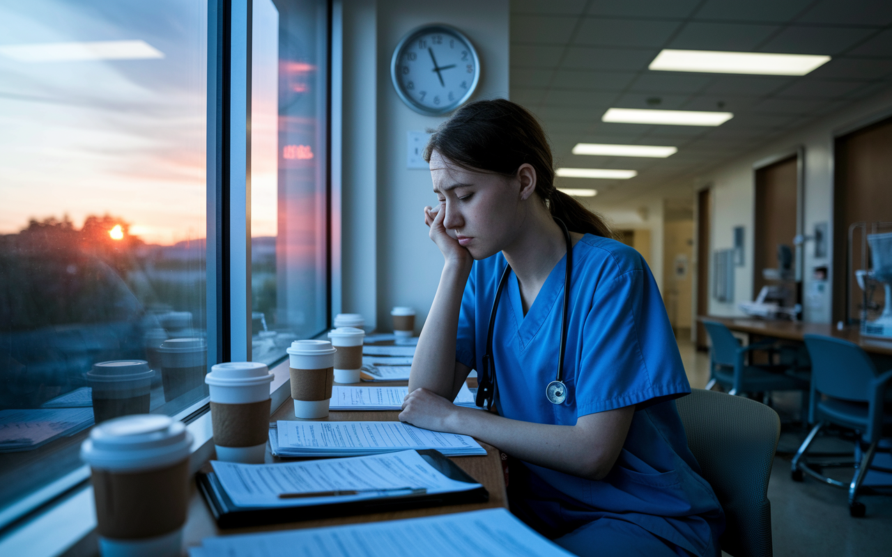 A young female resident with a forlorn expression, sitting alone in a hospital break room filled with scattered charts and coffee cups. She gazes out the window, reflecting in deep thought. The soft, fading light from the setting sun creates a warm glow that contrasts with the sterile brightness of the hospital. Nearby, a clock shows the late hour, indicating exhaustion. Her scrubs are slightly wrinkled, symbolizing the stress and fatigue from long, challenging hours.