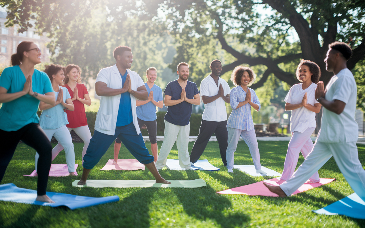 A group of diverse medical residents participating in a vibrant wellness program outdoors. They are engaged in a yoga session on a green lawn, with colorful yoga mats and picturesque trees in the background. Sunlight filters through the leaves creating a serene, uplifting atmosphere. Residents laugh and connect, showcasing unity and health. This scene emphasizes the importance of mental and physical well-being during demanding residency.