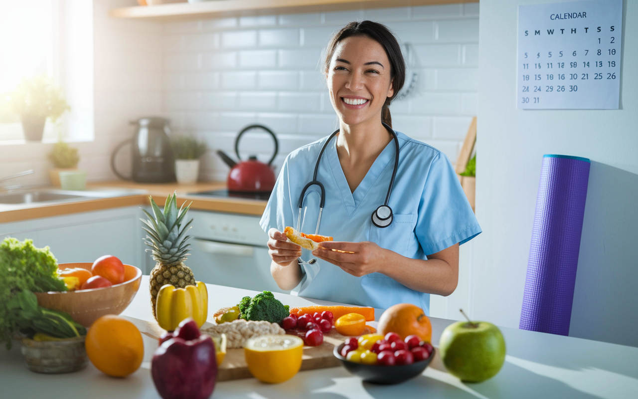 A vibrant, sunlit kitchen scene showcasing a medical resident preparing a healthy meal, surrounded by colorful fruits and vegetables. The resident appears relaxed, wearing casual clothes, with a smile on their face. A calendar on the wall indicates a workout schedule, and a yoga mat is rolled up in the corner, promoting a lifestyle centered around health and wellness.