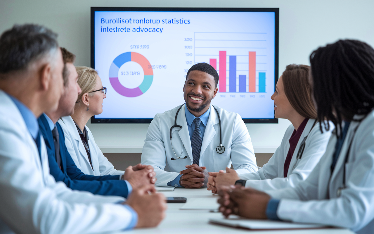 A group of confident medical residents in a meeting room, passionately discussing wellness initiatives with leadership figures. Charts and graphs on a screen illustrate burnout statistics, symbolizing their collective advocacy. The room is filled with determination and hope for change.