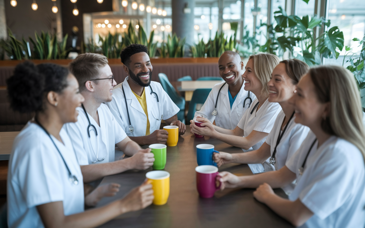 A group of diverse medical residents sitting together in a cozy café, sharing laughter and support. Brightly colored mugs of coffee or tea are on the table. The atmosphere is warm and inviting, with plants and soft natural lighting. The scene conveys camaraderie and the importance of mental well-being through connection.