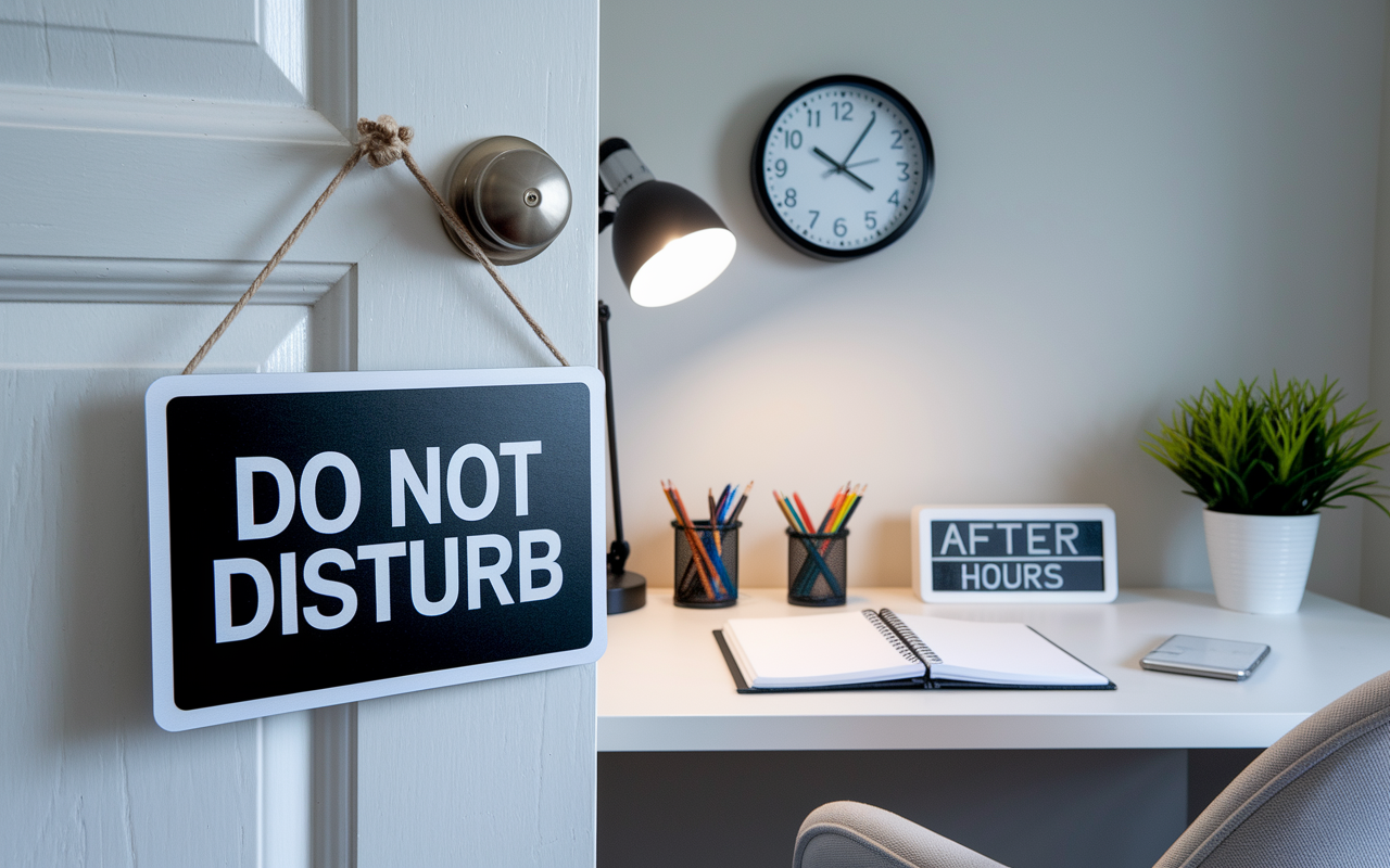 A serene home office space featuring a 'Do Not Disturb' sign hanging on the door. A desk with neatly arranged planners and a clock showing after office hours. The scene is peaceful and organized, symbolizing the importance of separating work from personal life.