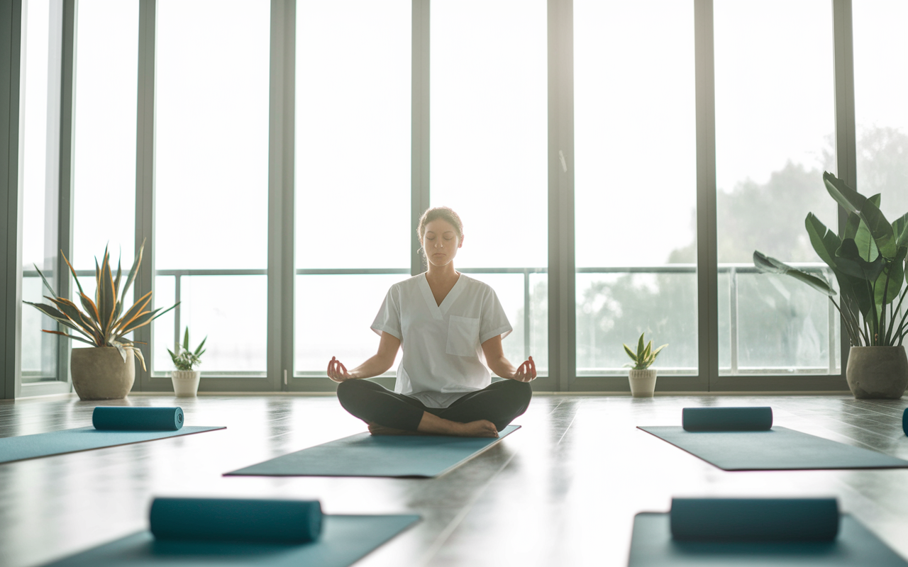 A calm and tranquil yoga studio with a medical resident practicing yoga amidst large glass windows letting in natural light. The resident is shown in a peaceful pose, reflecting serenity and focus. Yoga mats and peaceful plants around enhance the ambiance of mindfulness and relaxation.