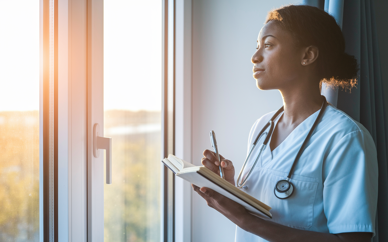 A thoughtful medical resident standing by a window, looking out with a contemplative expression. Sunlight gently illuminates their face, conveying a sense of hope and motivation. In their hands, they hold a journal where they write about personal achievements and future aspirations. The room feels bright and uplifting.