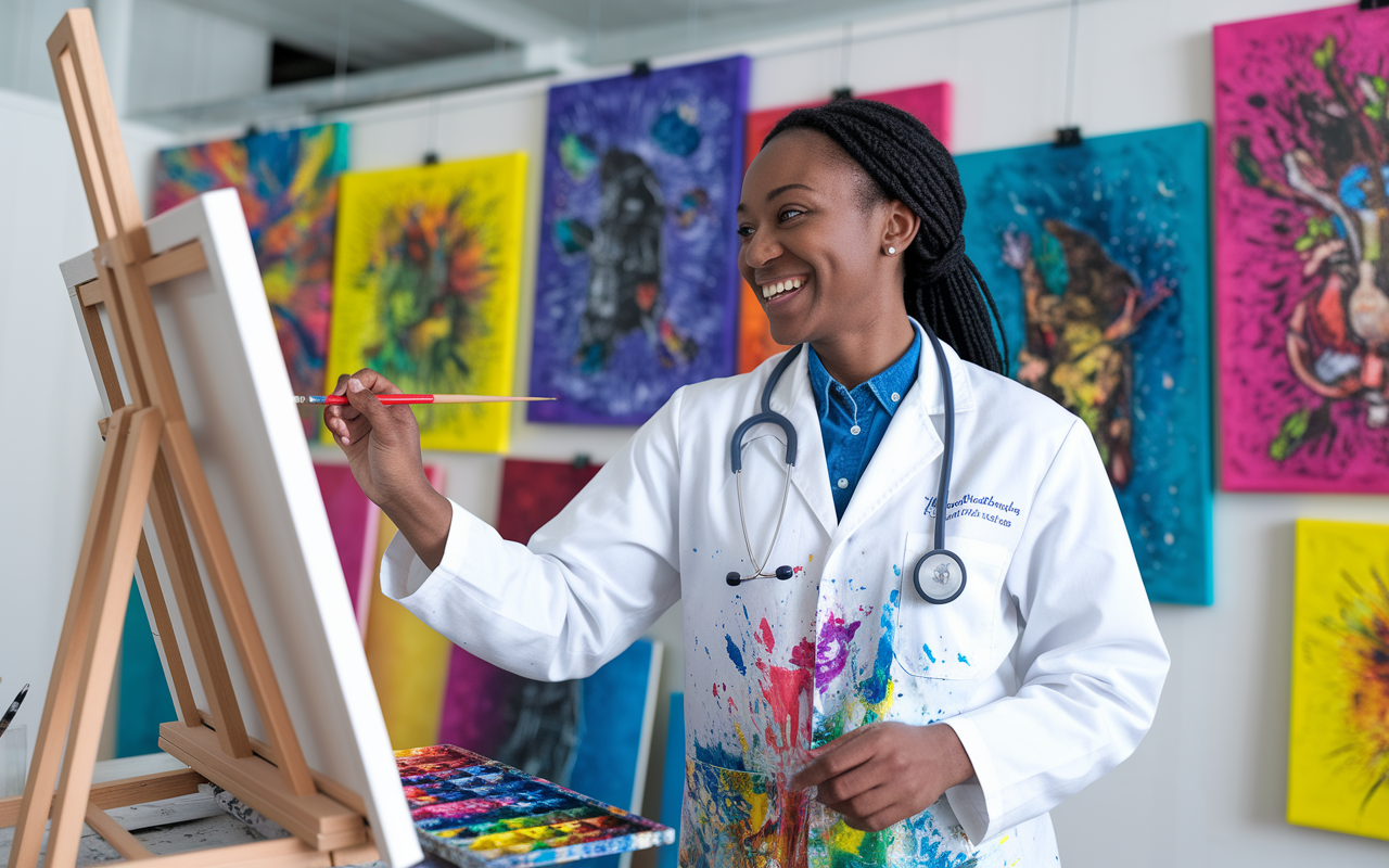 A joyful medical resident painting on a canvas in a bright and colorful art studio. The resident is smiling, with splashes of color on their smock, illustrating the therapeutic power of creativity. Bright artworks hang around, symbolizing the importance of pursuing passions outside of medicine.