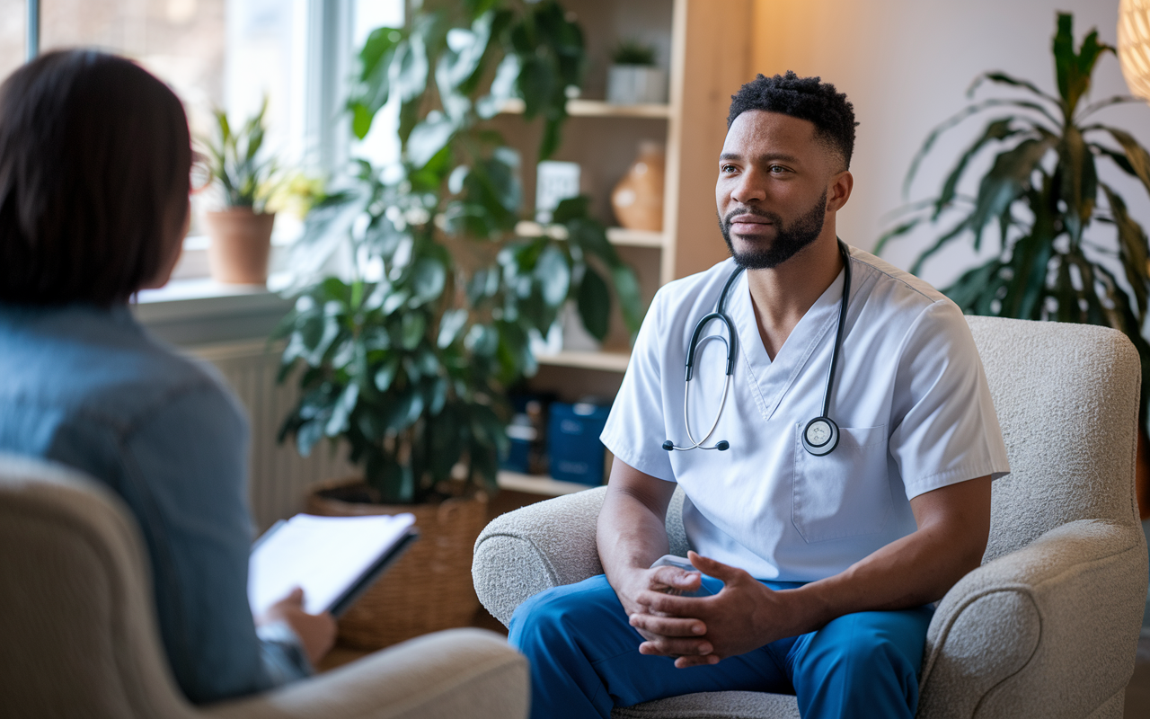 A medical resident sitting in a cozy counseling office, engaged in conversation with a therapist. The room is filled with plants and soft lighting, creating a warm and welcoming atmosphere. The resident appears open and receptive, reflecting the importance of prioritizing mental health.