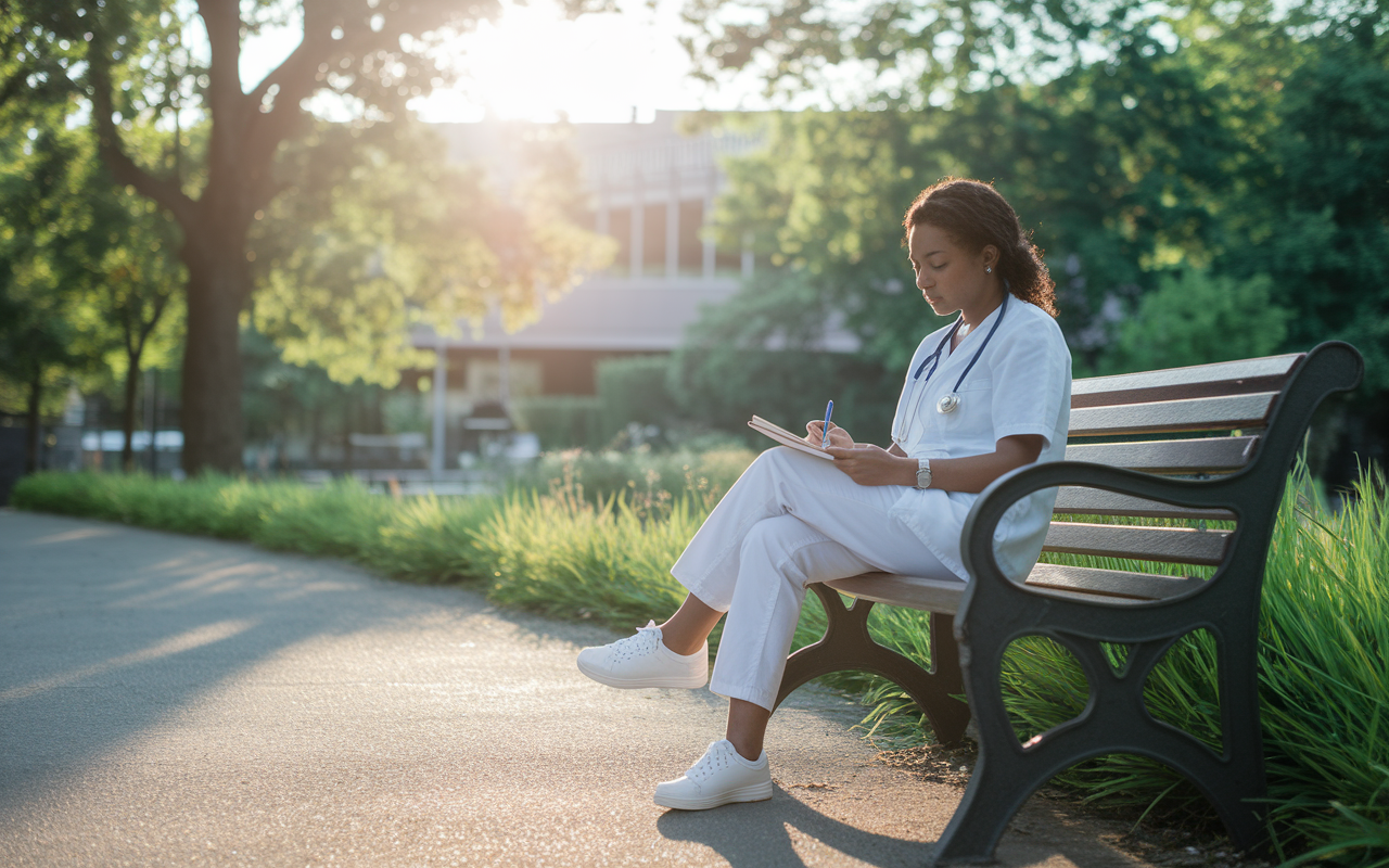 A peaceful outdoor scene showing a medical resident sitting peacefully on a park bench, writing in a journal. The setting sun casts a warm glow around them, symbolizing reflection and self-kindness. The surrounding nature emphasizes tranquility and the importance of adapting to life's challenges.