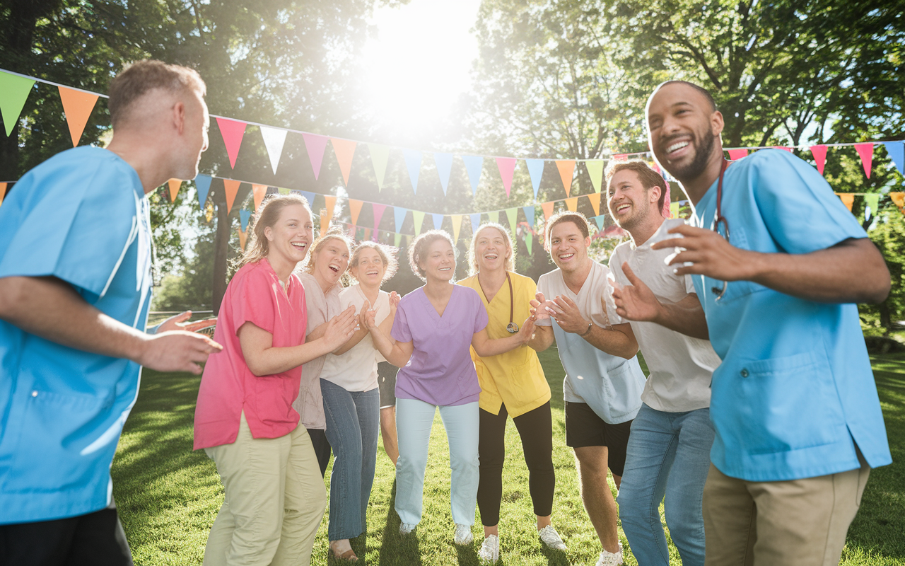 A vibrant team-building event in a sunny outdoor setting where medical residents are laughing and playing games together. Bright banners and team colors promote a sense of joy and unity. The scene conveys camaraderie and support among colleagues, essential for overcoming challenges.