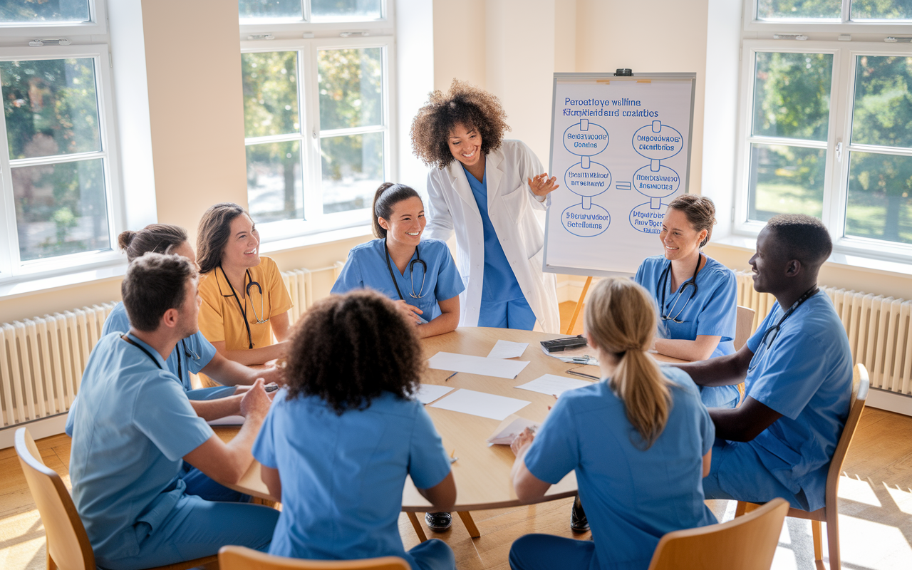 An inspiring healthcare team engaging in a collaborative workshop to discuss burnout prevention strategies. The room is bright and welcoming with large windows letting in natural light. Participants are seated around a circular table, smiling and actively participating, with a flip chart illustrating proactive wellness strategies. A supportive atmosphere and open communication are conveyed through body language and facial expressions. The setting embodies hope and teamwork, portraying a positive change in the workplace.