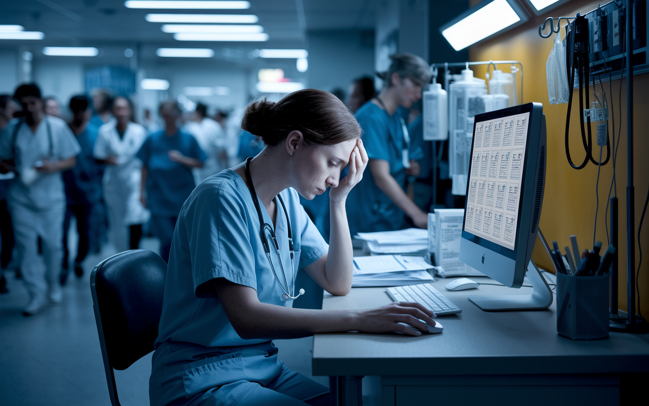 A somber visual representation of the impact of burnout in a hospital setting. An exhausted nurse sits at a nurses’ station, visibly stressed as she gazes at a computer screen filled with patient charts. The background shows a chaotic emergency room with people waiting and medical staff rushing. Soft, muted lighting conveys an atmosphere of high pressure and urgency. The nurse's weary expression and the overall tension in the environment emphasize the consequences of burnout and its effect on healthcare delivery.