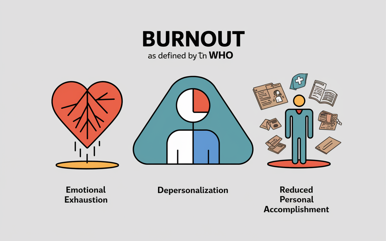 An infographic-style illustration outlining the three dimensions of burnout as defined by the WHO. The dimensions are represented in a triad format: Emotional Exhaustion, depicted by a drained heart; Depersonalization, illustrated with a detached figure showing a head and body disconnected; and Reduced Personal Accomplishment, represented by a person surrounded by unfinished tasks. Each dimension is in a distinct color against a clean, white background that highlights the severity and impact of burnout in healthcare.