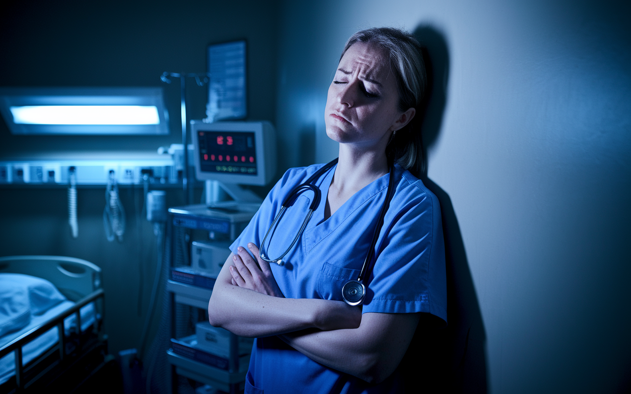 A weary nurse standing in a dimly lit patient room, her face showing signs of chronic fatigue. She leans against the wall, with her eyes half-closed and arms crossed in a protective manner. Medical equipment and patient charts are visible in the background, creating a sense of urgency mixed with the nurse's exhaustion. The lighting casts soft shadows that enhance the somber atmosphere, evoking a deep sense of empathy for healthcare professionals under stress.