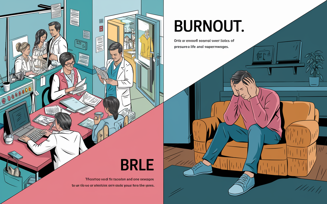 A split-scene illustration showing various risk factors for burnout. One side depicts a chaotic hospital environment with overloaded staff, long hours, and a flurry of paperwork; the other side focuses on a stressed individual at home, grappling with personal life challenges and isolation. The contrast emphasizes the multifaceted nature of burnout risks, creating a powerful visual narrative of pressure from both work and personal spheres.