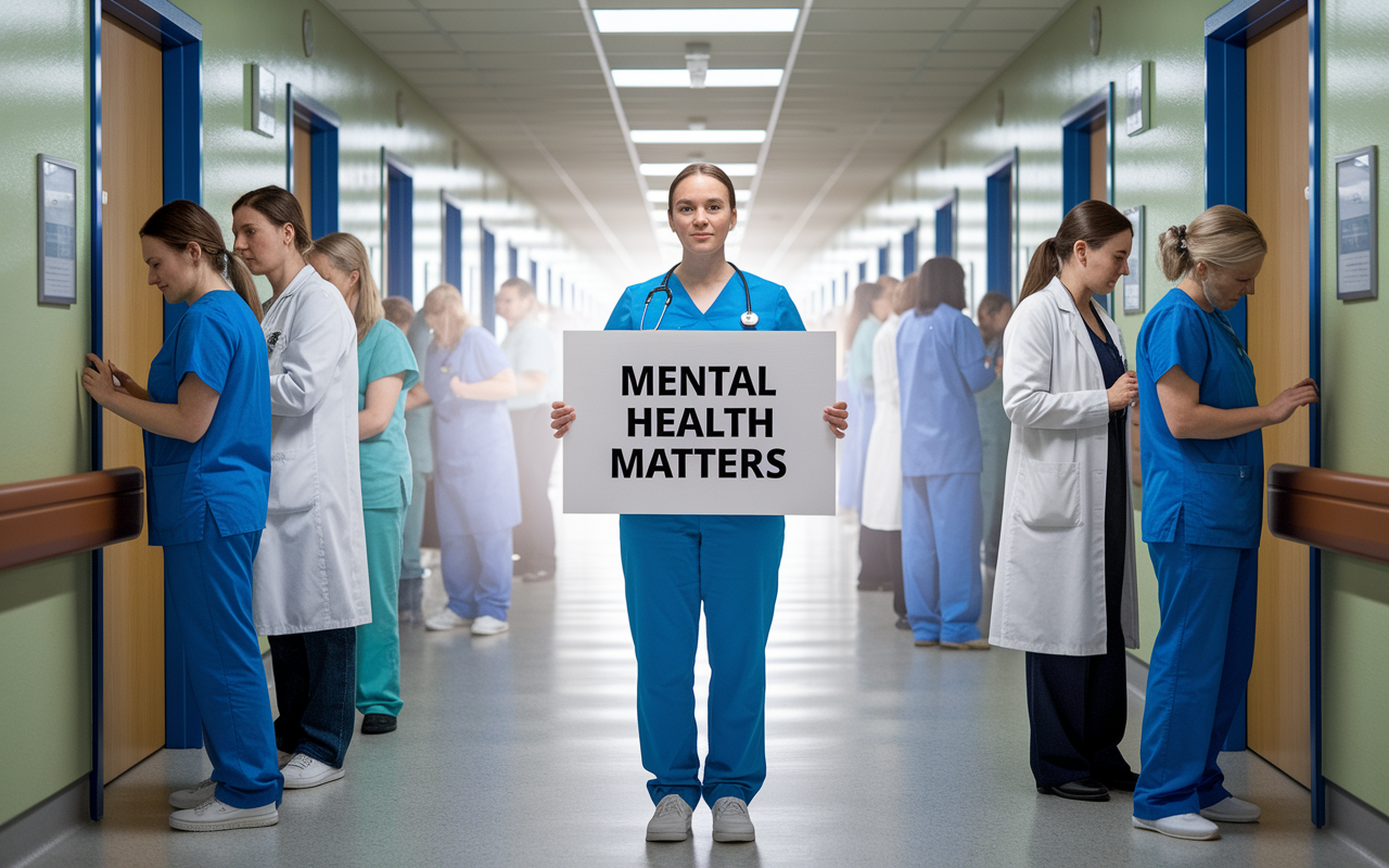 A powerful image of a healthcare professional standing confidently in a hospital corridor, holding a sign that reads 'Mental Health Matters' amidst a backdrop filled with fellow colleagues engaged in various duties. The light filling the corridor symbolizes hope and awareness around mental health issues in medicine, showcasing solidarity and the importance of prioritizing well-being over work.