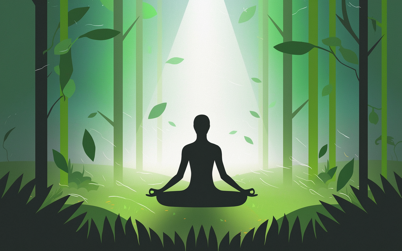 An abstract representation of mindfulness, featuring a serene figure sitting cross-legged in a tranquil green forest. Soft rays of sunlight filter through the trees, illuminating the figure as they meditate. The scene embodies calmness, with gentle breezes causing leaves to rustle, promoting a feeling of profound peace and connection with nature.