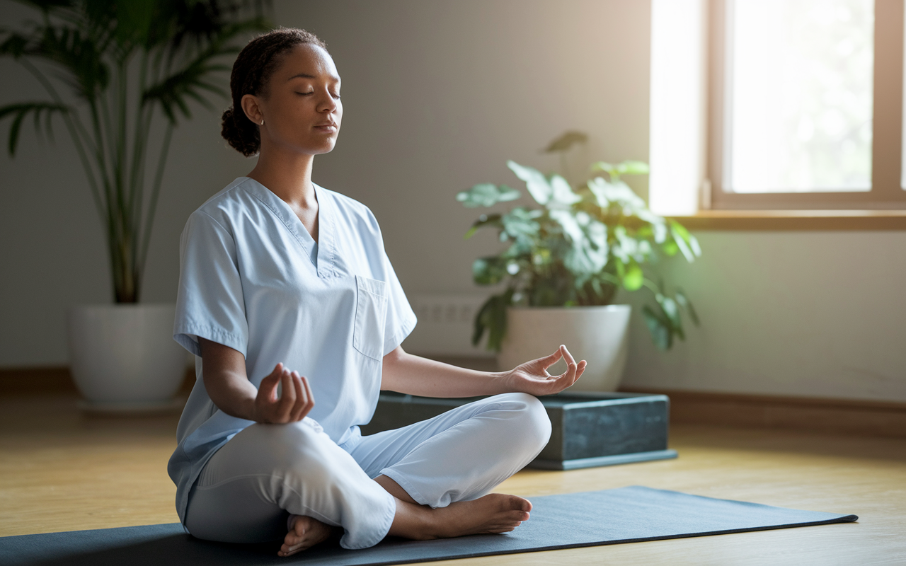 A tranquil indoor setting where a medical resident practices mindful breathing. They are seated comfortably on a meditation cushion, with a serene expression. Soft natural light filters through a window, creating a peaceful atmosphere. In the background, a potted plant and a calming water fountain provide a sense of harmony and relaxation.