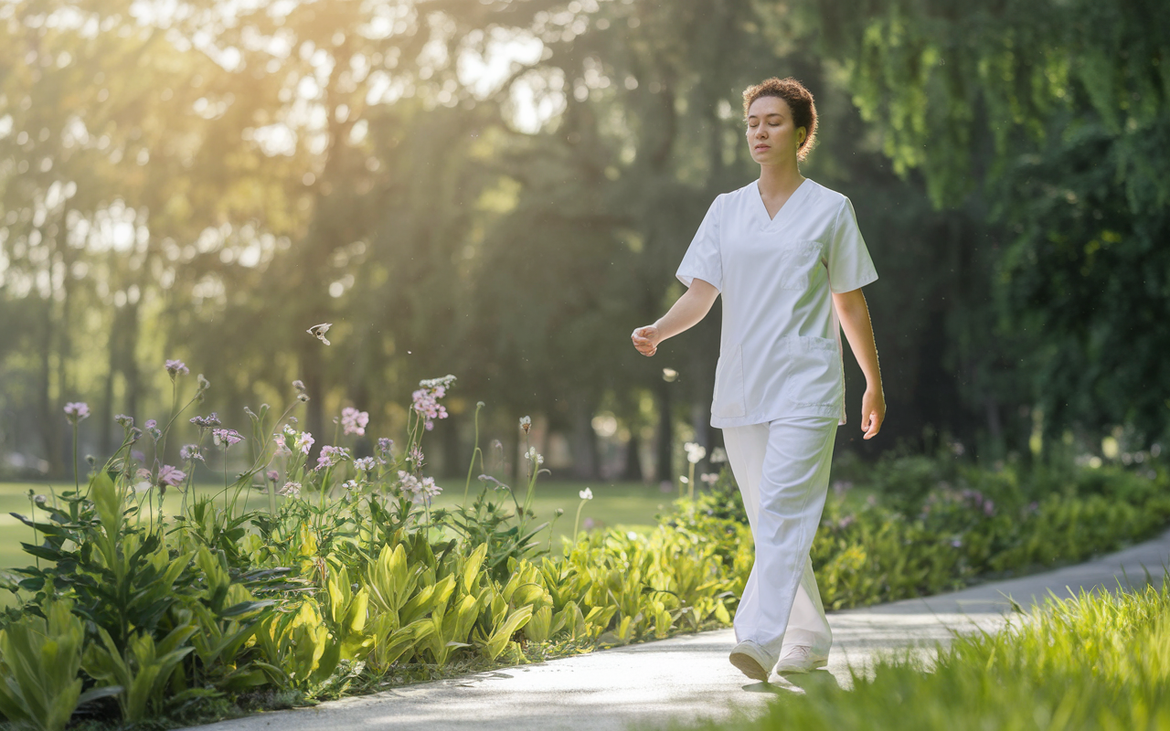 An outdoor scene of a medical resident engaging in mindfulness walking along a sunlit path in a lush green park. They are dressed in casual clothes, moving gracefully while taking in the beauty of blooming flowers and chirping birds. The warm sunlight creates a serene ambience, emphasizing the connection between nature and mindfulness.