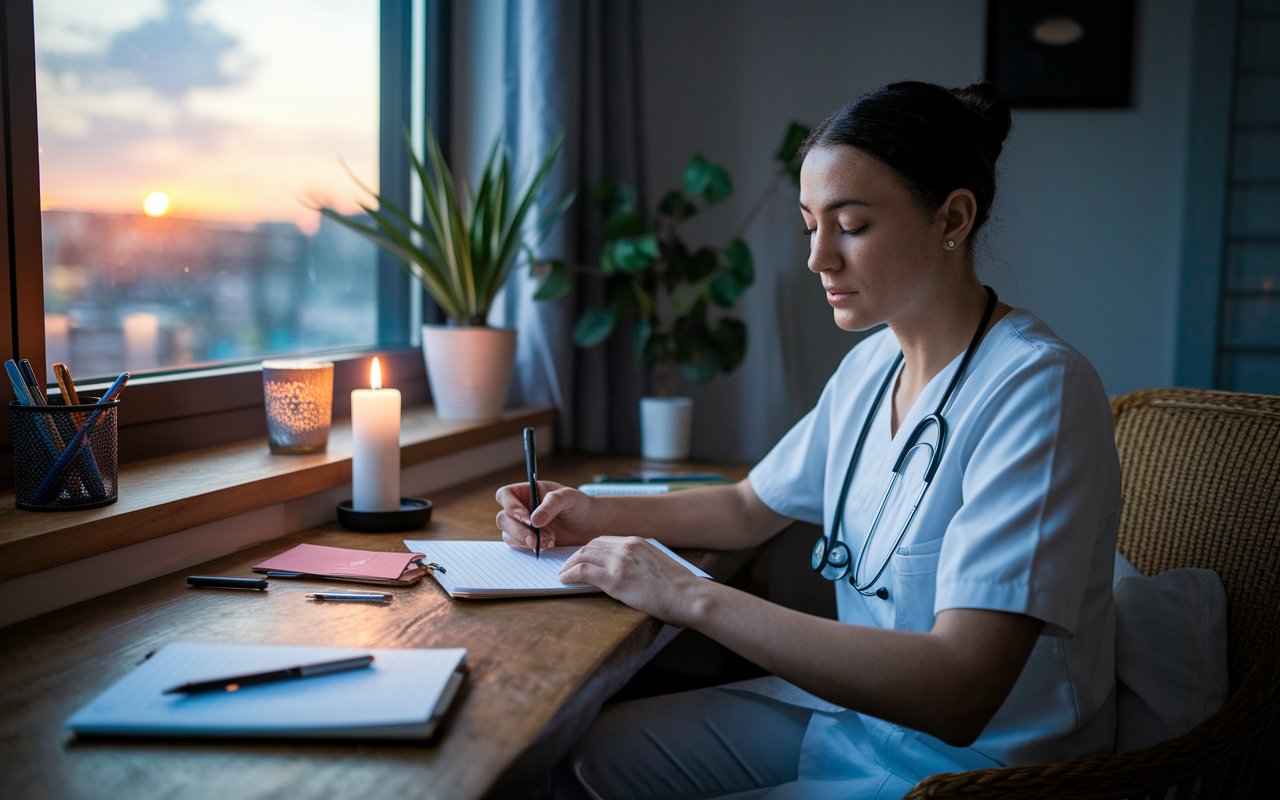 A cozy, inviting writing nook where a medical resident engages in mindful journaling. The scene shows them seated at a wooden desk adorned with stationery, a candle gently flickering, and a view of a sunset through a nearby window. The resident looks thoughtful and introspective, surrounded by an atmosphere of calm and focus.