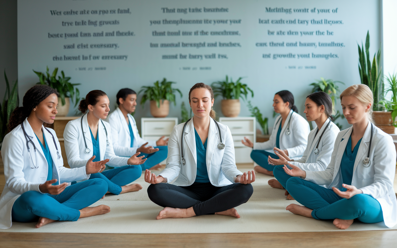 An uplifting scene of a group of medical residents participating in a mindfulness workshop in a well-lit room. They are engaged in various mindfulness practices such as mindful breathing and guided imagery, creating an atmosphere of support and camaraderie. The walls are adorned with motivational quotes and plants, enhancing the environment of growth and mental health.