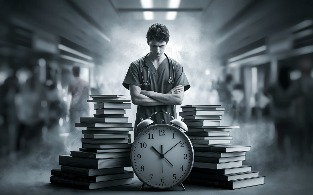 A symbolic representation of burnout in medical residency, featuring a lone resident in scrubs, visibly overwhelmed, surrounded by stacks of medical textbooks and a ticking clock. Dim, harsh lighting emphasizes the feeling of isolation, while ethereal gray tones evoke emotional exhaustion. The background subtly includes blurred images of a bustling hospital atmosphere, contrasting the resident's solitary struggle with the intense demands of residency.