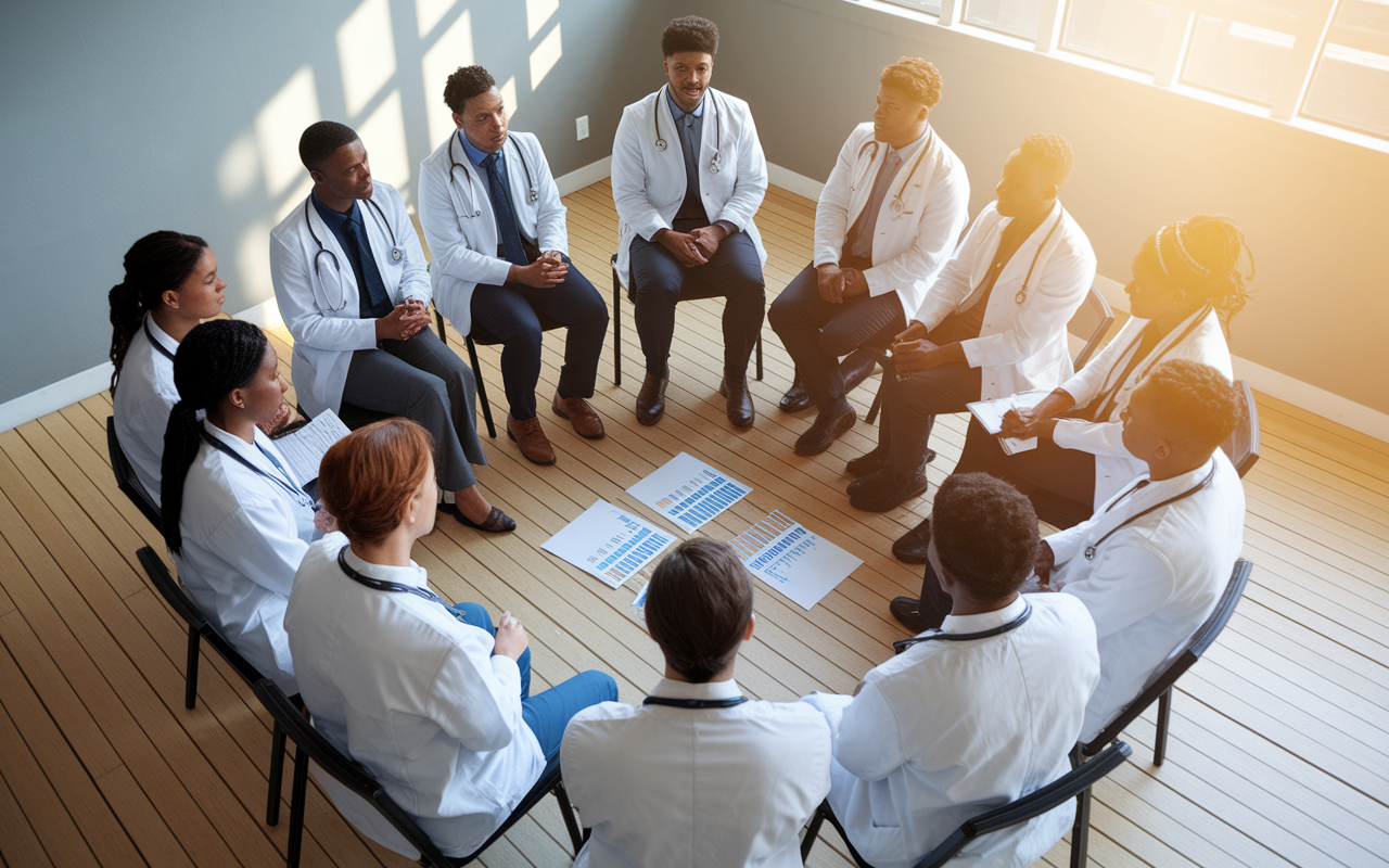 A group of medical residents seated in a circle in a sunlit room, engaged in a structured discussion about coping strategies. The visualization shows diverse individuals sharing stories, with supportive expressions and attentive body language. Charts and notes spread before them symbolize collaborative problem-solving. Soft sunlight pouring in enhances the feeling of hope and recovery, emphasizing their commitment to mutual support and resilience-building.