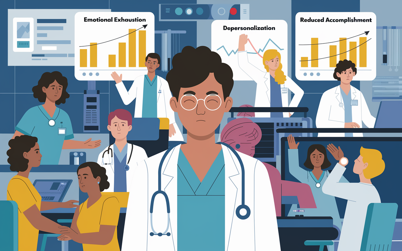 A conceptual illustration depicting the dimensions of burnout in residency—emotionally exhausted residents in a chaotic hospital environment with charts highlighting emotional exhaustion, depersonalization, and reduced accomplishment. The background shows overworked doctors interacting with distressed patients, emphasizing the high-stress atmosphere.